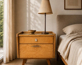 Puede incluir: Una mesita de noche de madera de color marrón claro con dos cajones, una tapa de cristal y patas cónicas. Una lámpara de mesa alta con una pantalla beige plisada se sitúa sobre la superficie junto a un pequeño cuenco marrón. Tiene un tirador.