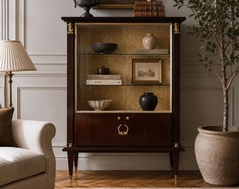 Empire Display Cabinet in Mahogany & Brass | Neoclassical Curio Cabinet | Vintage China Cabinet | Hollywood Regency Showcase