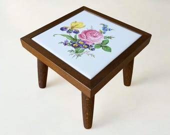 Rare vintage mini flower table with decorated tile – 1960s retro table in 3 designs