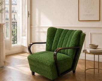Art Deco bentwood armchair - circa 1940s German cocktail chair with bentwood armrests and green brocade upholstery.