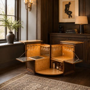 Exceptional 1950s Rolling Cocktail Cabinet – Architectural Mid Century Modern Bar Cart / Dry Bar with Figured Veneers & Original Glassware
