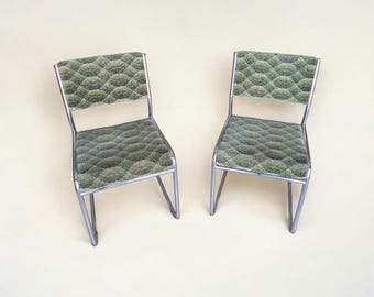2x Vintage Chromen Stoelen Jaren 70 | Retro Design | Groene Stoffen Bekleding | Mid Century Stoelen | Space Age Stoelenset