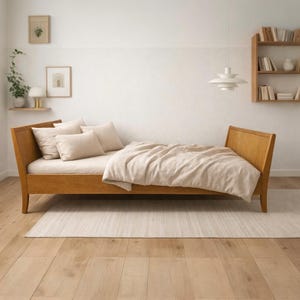 Puede incluir: Una cama de madera con edredón y almohadas beige. La cama está sobre una alfombra de color claro, y la habitación tiene un diseño minimalista con obras de arte enmarcadas y una estantería. El marco de la cama es de madera clara.