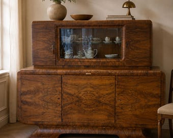 Monumental German Art Deco Sideboard with Vitrine & Marble Slide, Documented 1932 – Burl Walnut Credenza Cabinet Buffet
