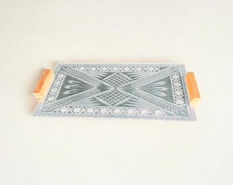 Mid-Century Glass Tray with Cut Inlay and Wooden Handle, 1950s