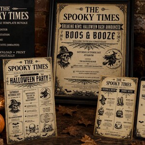Könnte beinhalten: Ein 4-in-1 Halloween-Vorlagenpaket mit dem Titel The Spooky Times, bestehend aus einem 46x61 cm Poster, einer 13x18 cm Einladung, einem 13x18 cm Menü und einem mobilen Evite. Die Designs zeigen Vintage-Typografie und Totenkopf-Grafiken.