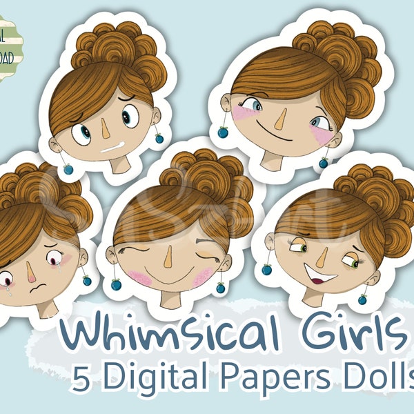 Digital Doll Heads Digital Sheet Art Girls Art Journal ATC Cards Whimsical Girls Cute Art Instant Download Face emotions Junk Journal