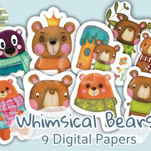 Digital Bears Digital Sheet Art Bears Art Journal ATC Cards Whimsical Animals Cute Art Instant Download Cute Illustration Scrapbooking