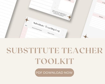 May include: A printable substitute teacher toolkit with a floral design. The toolkit includes a classroom report, substitute teaching log, and a list of apps for teaching. The text "Substitute Teacher Toolkit" and "PDF Download Now" is displayed on the bottom of the image.