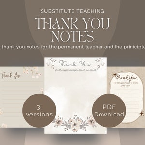 Thank You Note from Substitute Teacher for the permanent teacher or the principle note for teacher thank you Substitute teacher tool supply