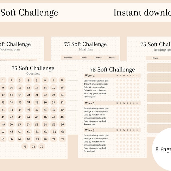 75 soft challenge, 75 soft printable, 75 soft bullet journal, 75 soft challenge tracker, 75 soft challenge PDF, fitness planner, meal plan