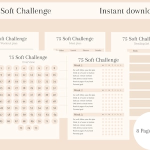 May include: A printable 75-day challenge planner with sections for workout, meal, and reading. The planner includes a calendar with numbered days, a checklist for each week, and a section for personal goals. The planner is designed in a soft, neutral color palette with a minimalist aesthetic.