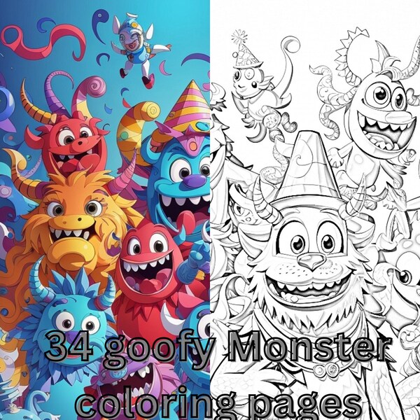 34 pages Funny goofy Monster Friends Digital coloring Pages Bundle with different Patterns, monsters having a friendly party Coloring Pages.