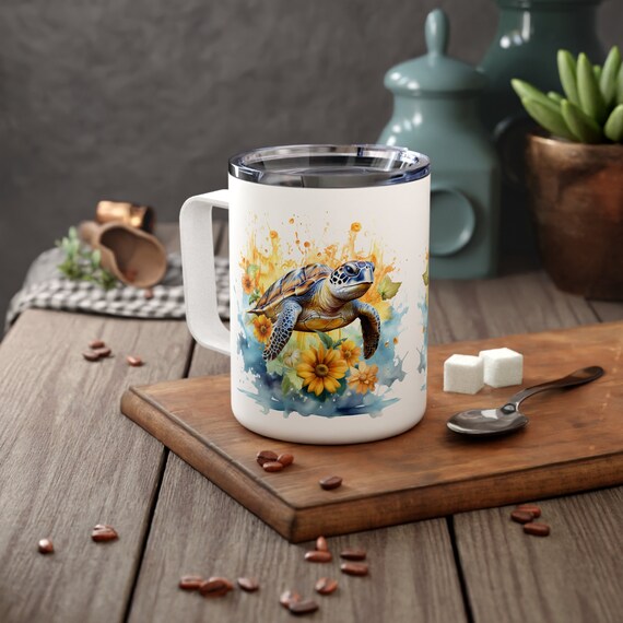 Insulated Coffee Mug, 10oz , Travel Cup, Coffee Cup, Coffee Stuff, Sea  Turtle, Watercolor, Flowers, Ocean Animals, Yellow Flowers, Gift Idea