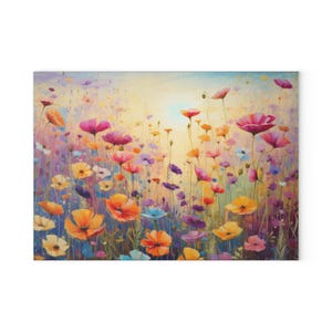 May include: A vibrant floral painting featuring a field of colorful poppies in shades of orange, pink, purple, and blue. The artwork has a soft, impressionistic style with a warm, golden light in the background.