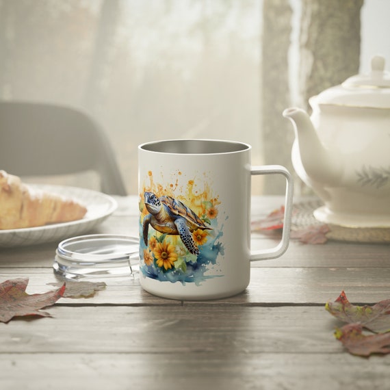 Insulated Coffee Mug, 10oz , Travel Cup, Coffee Cup, Coffee Stuff, Sea  Turtle, Watercolor, Flowers, Ocean Animals, Yellow Flowers, Gift Idea