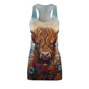 Abito da donna con schiena scoperta e cucito (AOP) Abito da mucca delle Highlands, mucca hippy, mucca colorata, regali per lei, abiti da donna, elegante abito da mucca