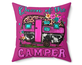 Almohada cuadrada de poliéster hilado, reina de la caravana, almohadas rosas, camping, cosas para acampar, cosas para campistas, almohadas coloridas