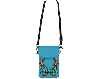 May include: A turquoise crossbody phone bag with a black strap. The bag features a design of brown wings with a turquoise text that reads "Southern Mama". The bag has a flap closure and a black adjustable strap.