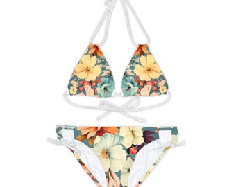 Conjunto de bikini floral con tirantes, traje de baño color pastel para vacaciones de verano, conjunto de traje de baño de dos piezas floral, bikini hawaiano con flores de hibisco.