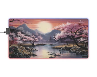 Cherry Blossom LED Gaming Mouse Pad Gift For Gamer Light Up Gamer Mat Fantasy Landscape LED PC Gaming Mat Cherry Blossom Landscape Mat