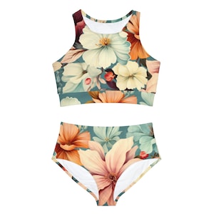 Floral Sporty Bikini Set Pestel Color Bikini Bathing Suit For Summer Vacation Floral Two Piece Swimsuit Set Flower Hawaiian Hibiscus Bikini