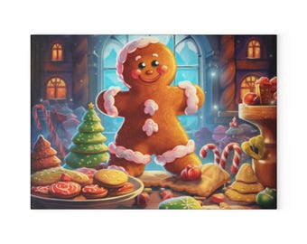 Christmas Gingerbread Man Glass Cutting Board - Festive Holiday Kitchen Decor, Cute Cookie Design, Xmas Gift Idea, Holiday Entertaining