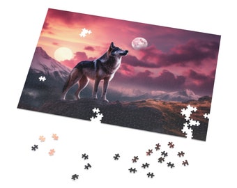 Wolf Howling Landscape Jigsaw Puzzle (30, 110, 252, 500,1000-Piece), Metal Tin Gift Box, Wolf Mountain Landscape Sunset Moon, Perfect Gift