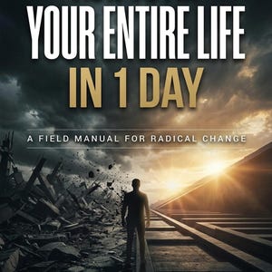 May include: A book cover titled HOW TO FIX YOUR ENTIRE LIFE IN 1 DAY: A FIELD MANUAL FOR RADICAL CHANGE by Ayoub Sai. The cover features a silhouette of a person standing on a path between a scene of dark, crumbling debris and a bright, sunlit horizon.