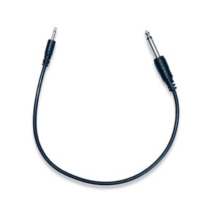 May include: A black audio cable with a 6.35 mm male connector on one end and a 3.5 mm male connector on the other. The cable is curved and isolated against a white background.