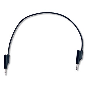 May include: A black audio cable with two 3.5mm male connectors. The cable is curved, connecting the two connectors. The connectors are rectangular with a silver tip. The background is white.