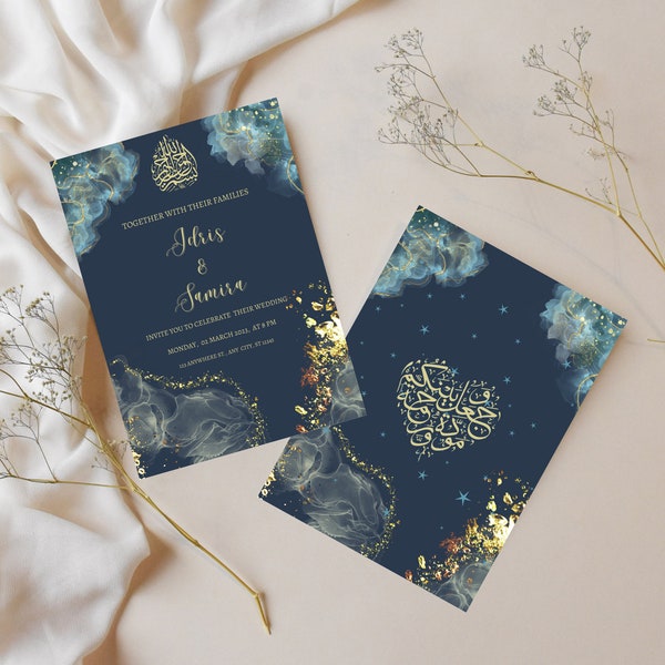 Muslim Wedding Invitation, Blue and Gold Themed Invitation, Muslim Nikkah Invitation, Walima Invitation For Muslims, Muslim Celebration