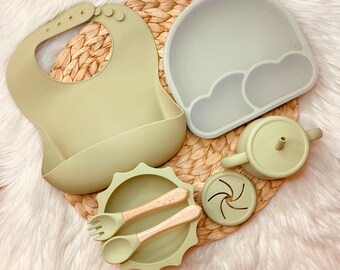 Baby Feeding Set Suction Silicon Plate, Bowl, Bib, Sippy Cup, Fork, Spoon and box - Baby Gift Set