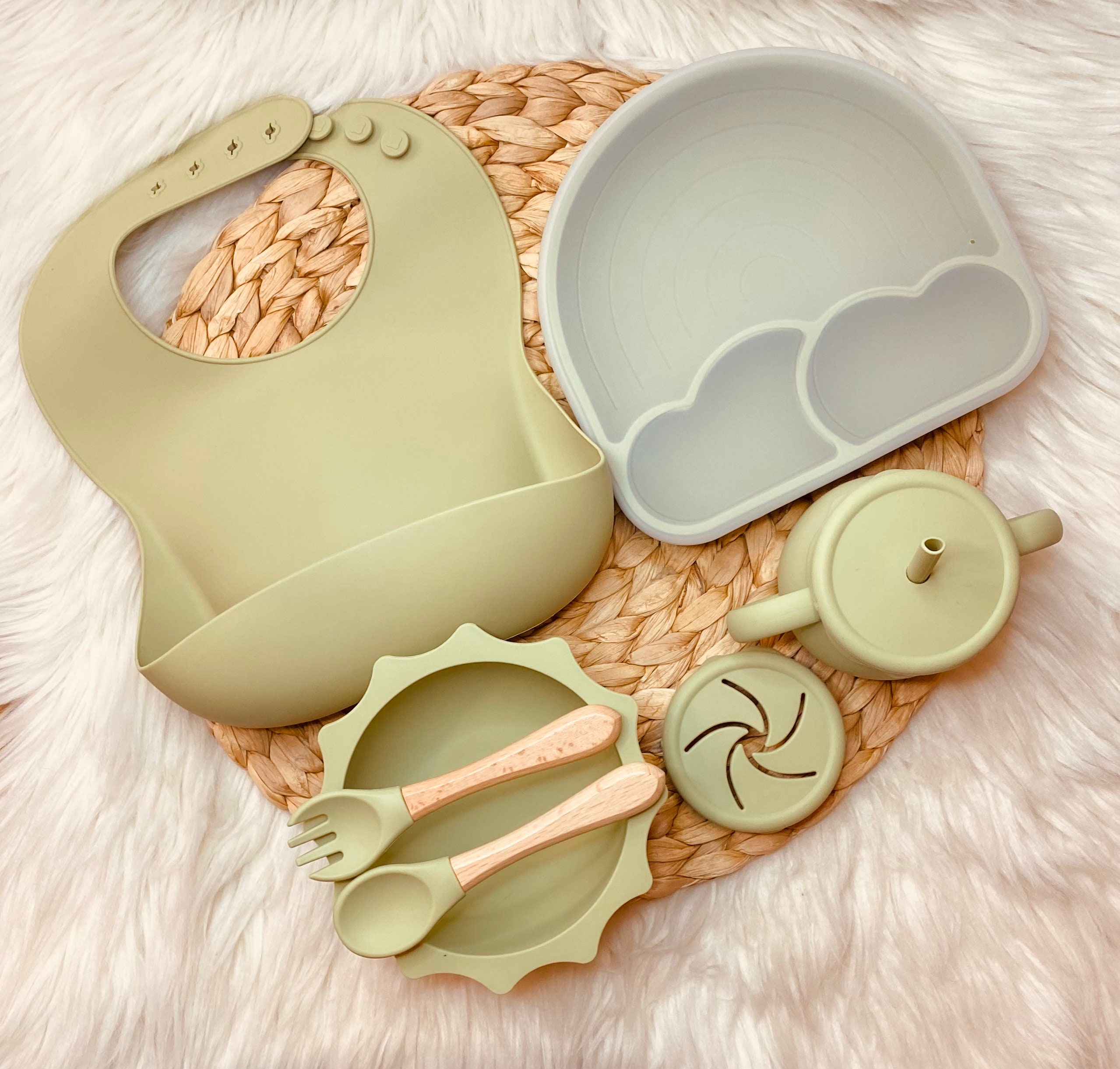 Baby Feeding Set Silicon Plate, Bowl, Bib, Sippy Cup, Fork, Spoon