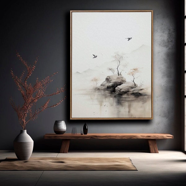 Japanische Wand Kunst Neblige Landschaft | Zen Moderne Wandkunst | Japanische Landschaftskunst | Landschaft Wandkunst | GROSSE DRUCKBARE Art t-255