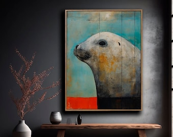 Sea Monk Seal Print  | Animal Painting | Minimalist Seal Print | Mixed Media | Large Printing | Digital PRINTABLE | t-73