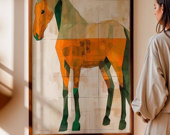 May include: A framed abstract art print of a horse. The artwork features a geometric design with orange, green, and tan colors. The horse is depicted in a side profile, with a wooden frame. The artwork is hanging on a white wall.