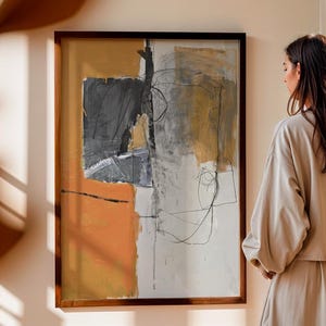 Modern Orange Grey Abstract Wall Art, Expressionist Geometric Digital Download, Minimalist Contemporary Printable Painting