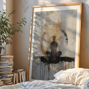Zen Meditation Abstract Canvas Art – Modern Spiritual Wall Decor with Silhouette and Gold Tones – Peaceful Yoga Artwork for Home Studio