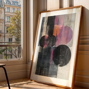 Abstract Geometric Modern Print, Circle Rectangle Black Purple Orange Pink Download