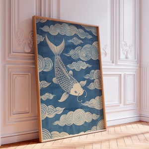 Koi Fisch Kunstdruck, Blau-Weiße Wandkunst, Minimalistische Fisch Illustration, Naturinspiriertes Dekor, Japanisches Koi Fisch Poster für Wohnzimmer