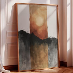 抽象風景画の水彩画 | アースカラーアート | モダンな印刷可能な壁飾り | デジタルダウンロード | ミニマリストの夕焼けアートワーク