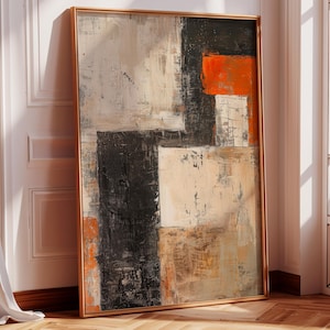 Abstract Art Print, Modern Wall Decor, Textured Painting, Orange Abstract, Black White, Digital Download