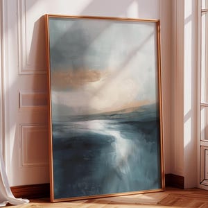 Abstract Seascape Painting, Large Coastal Wall Art, Modern Ocean Canvas Artwork, Minimalist Blue and Neutral Home Decor