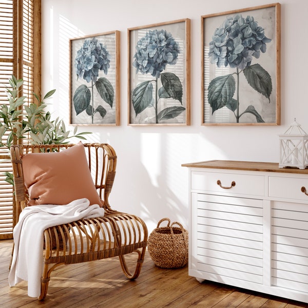 Hellblaues Hortensien-Set mit Aquarellfarben für moderne Häuser, minimalistisches Kunstwerk, Set mit 3 Drucken, botanische Kunstposter, Blumen-Wanddekoration