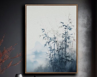 Chinese Art Style Bamboo Watercolor Painting - Blue & Sepia Minimalist Home Decor - Dark White Navy Wall Art | PRINTABLE Art | t-257