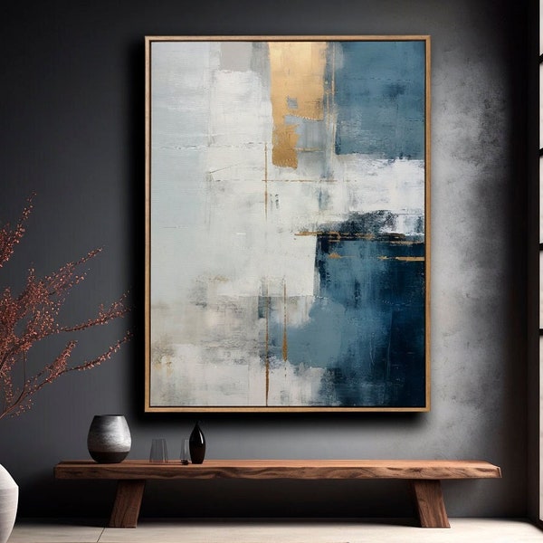 Gold and Navy Blue | Gray and White Abstract Art | Modern Art Painting | Brush Strokes | Minimalist Digital Wall decor art | t-29