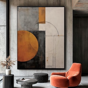 Midcentury Modern Abstract Art Print: Gray & Orange Circle (Digital Download)