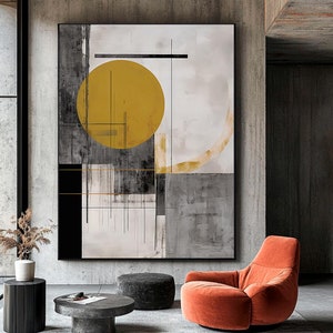 Mid Century Modern Geometrische Kunst: Grau & Gelb Abstrakter Druck (Digital Printable)