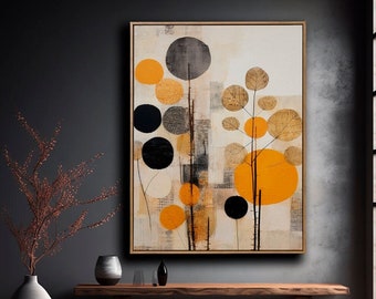 Mid Century Art Print, Boho Wall Art, Neutral Modern Art, Geometric Abstract Circles Art, Orange, Black, Beige | PRINTABLE Art |  t-279